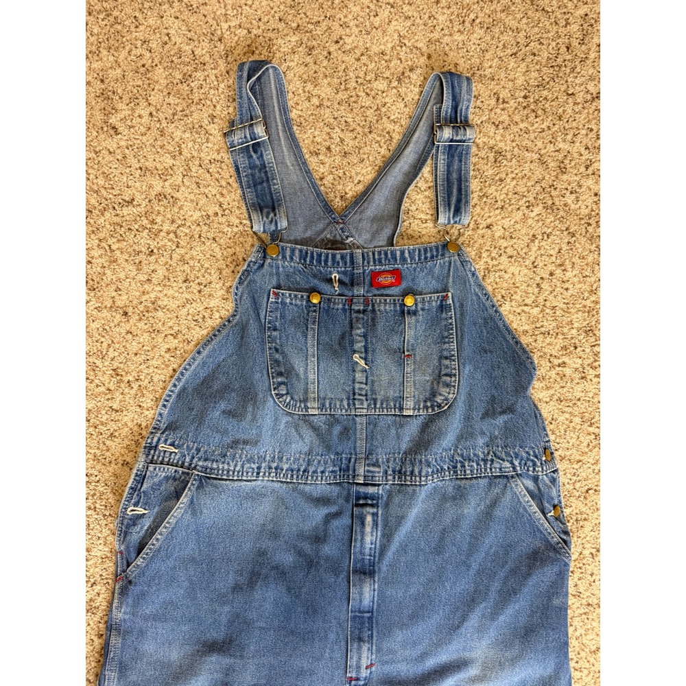 Dickies Denim Bib Overalls Mens Blue Carpenter Workwear 48x32 - Picture 2 of 13